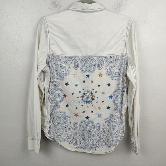 Free People Bandana Bandit Button‎ Down Shirt Womens Small White Blue Stars Hemp - Picture 1 of 9